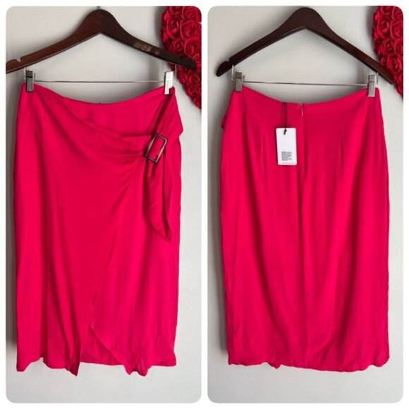 J.O.A Just One Answer Heidi Faux Wrap Midi Pencil Skirt MEDIUM Hot Pink - Picture 1 of 9